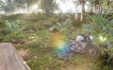 Once Human Vehicle Guide - Cover Image A Motorcycle Standing on Some Grass Next to Wood Foundations