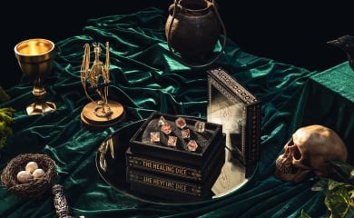 An image of The Healing Dice amidst a skull and goblet