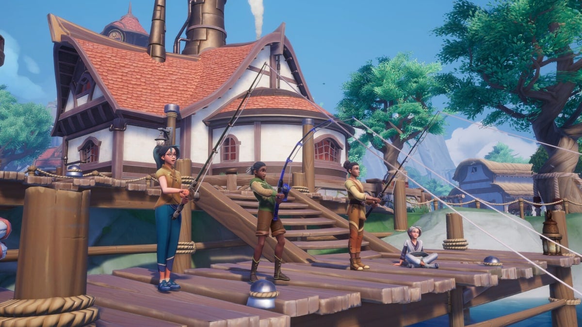 Three characters fishing while one sits and watches in Palia, a Singularity 6 game