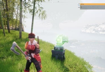 A Palworld character next to a Lifmonk Effigy in Palworld