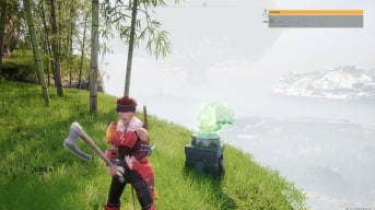 A Palworld character next to a Lifmonk Effigy in Palworld