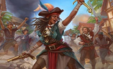 Artwork from Pathfinder Lost Omens Firebrands featuring a swashbuckling pirate surrounded by a cheering crowd