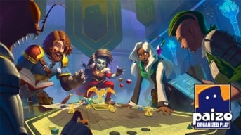 Promotional image from Pathfinder Organized Play, showing a group of younger adventurers around a table rolling dice and cheering.