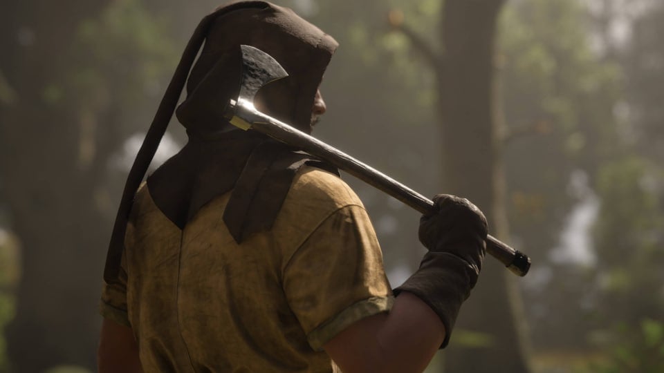 A character with an axe resting on their shoulder in Pax Dei
