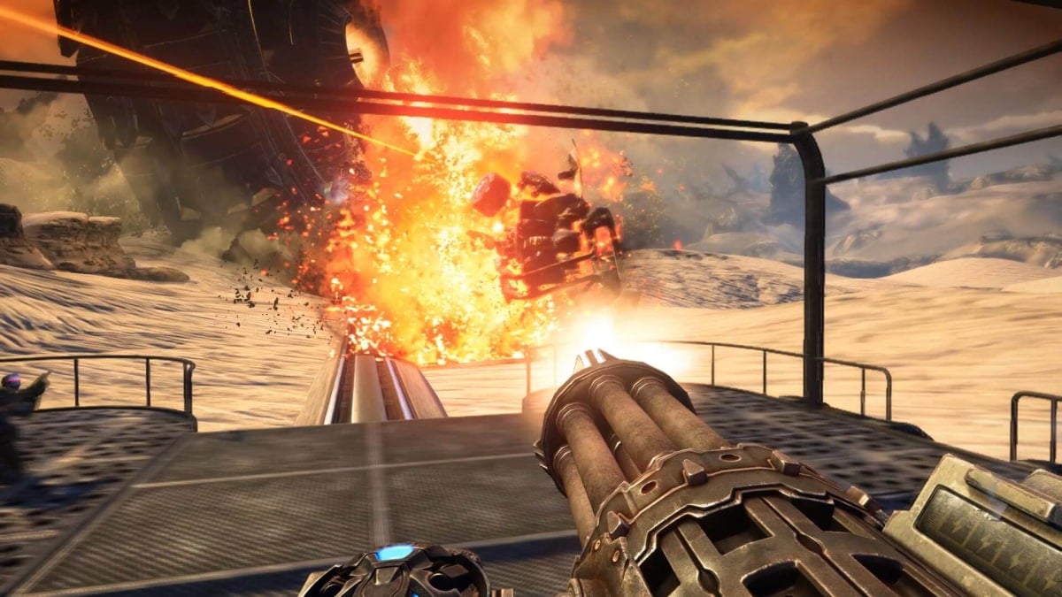 The player shooting at an exploding vehicle in People Can Fly's Bulletstorm