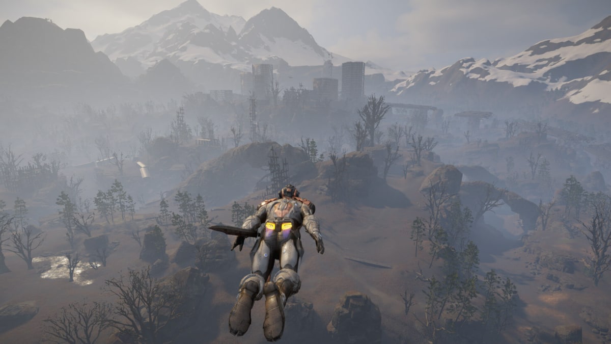 The main character flying across the world with his jetpack in Elex 2, a Piranha Bytes game