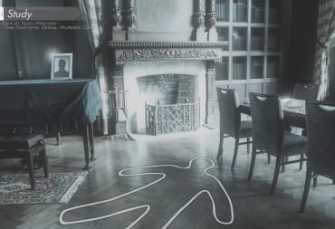 A crime scene in Portopia Serial Murder Case where the player is studying what is going on with the former location of a corpse in an old styled living room outlined in white tape