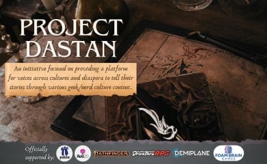 Promotional image for the backerkit campaign of Project Dastan, featuring a set of fantasy maps on an office desk.