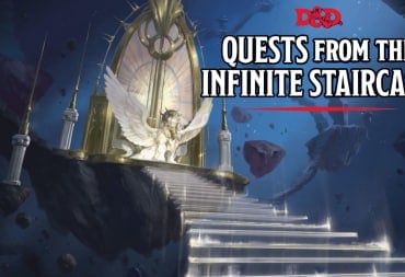 An image of an angelic looking door on the Infinite Staircase with Quests From The Infinite Staircase Logo