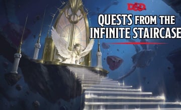 An image of an angelic looking door on the Infinite Staircase with Quests From The Infinite Staircase Logo