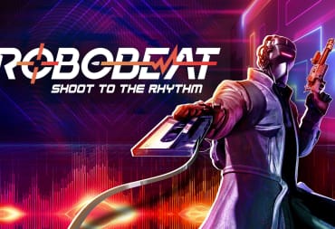Key art for Robobeat, which depicts a robotic figure holding a gun in one hand and a cassette in the other