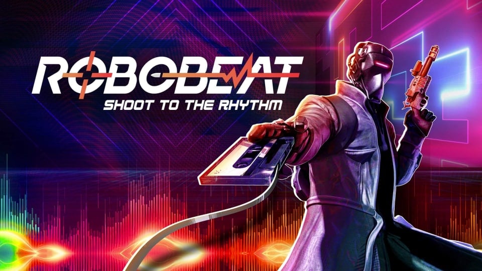 Key art for Robobeat, which depicts a robotic figure holding a gun in one hand and a cassette in the other