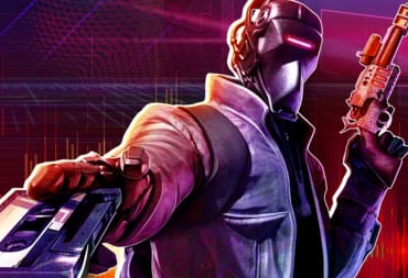A robot pointing a gun to the bottom left corner of the image.