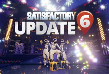 Three Satisfactory characters leaning on a boombox while fireworks go off to commemorate Satisfactory Update 6