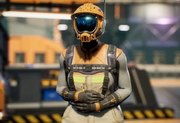 A character wearing a safety uniform and clutching their stomach in the Satisfactory 1.0 release date trailer