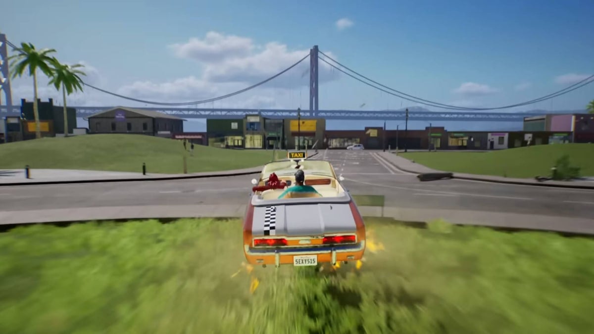 A taxi leaping over grass in Sega's Crazy Taxi reboot