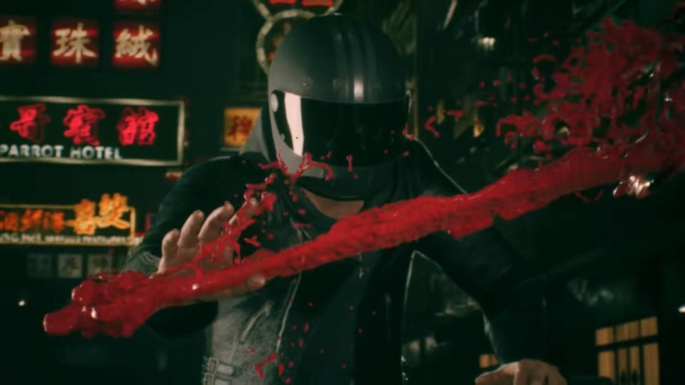 A character in a motorcycle helmet summoning some kind of blood sword in Slitterhead