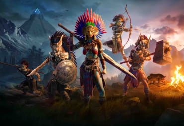 Five people wearing a variety of tribal-themed armor with a sunset in the background.