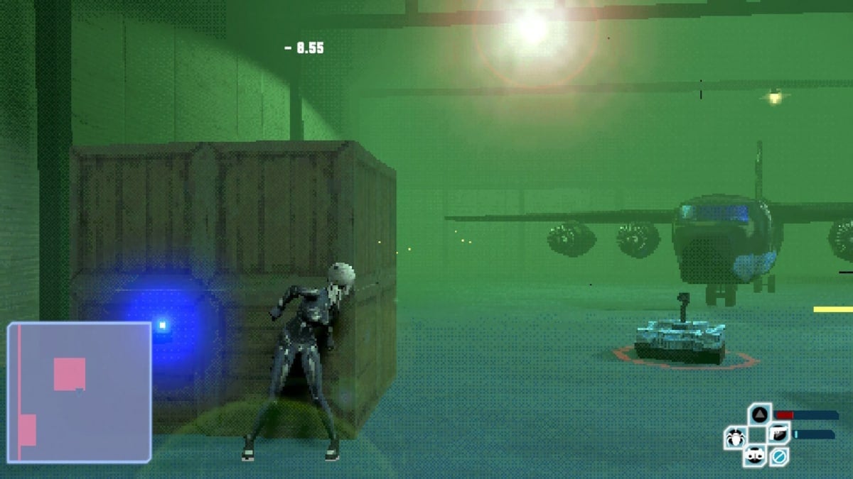 The player leaning around a box and looking at a plane in Spy Drops