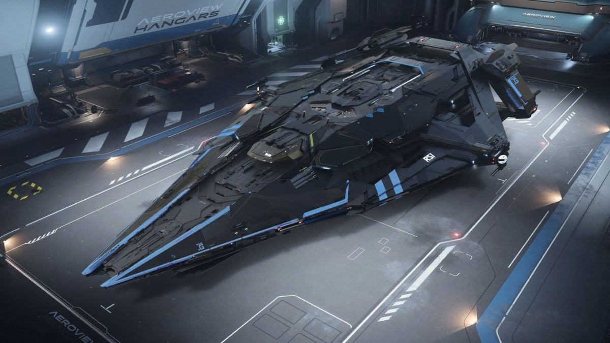 A ship sitting in a hangar in Star Citizen by Cloud Imperium Games