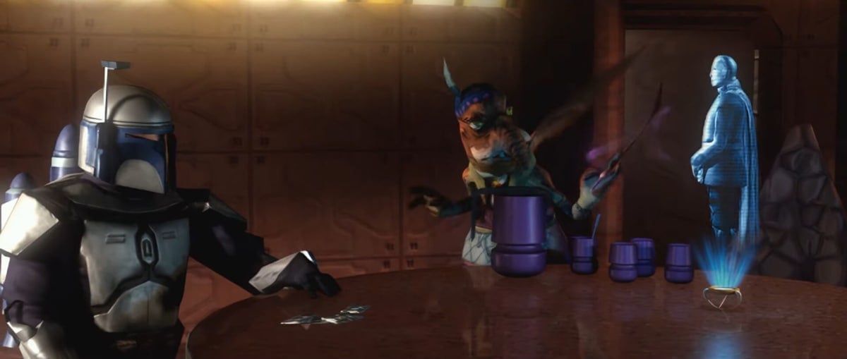 Jango Fett sitting in a bar in Aspyr's Star Wars: Bounty Hunter remaster