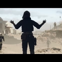 Image of the Protagonist in Star Wars Outlaws Surrounded by Enemies with her Hands Up