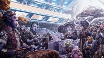 Artwork from Starfinder, featuring multiple alien creatures including goblins, skittermanders, elves, and dwarves