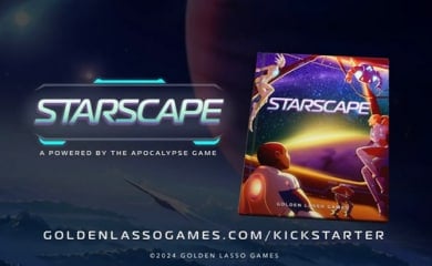 A promo image of the TTRPG Starscape, showing the core rulebook's cover in a dark blue background.