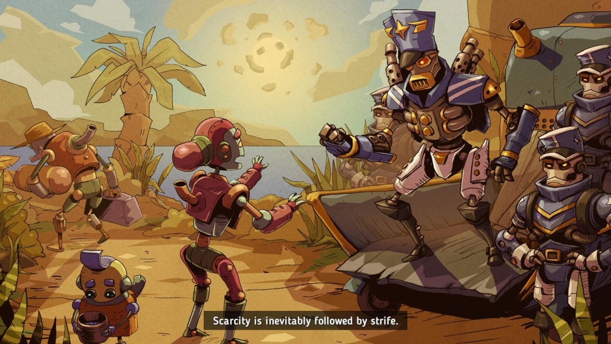 A cutscene from the beginning of SteamWorld Heist II.