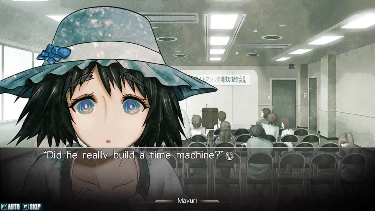 Mayuri saying "Did he really build a time machine?" in the Nitroplus visual novel Steins;Gate