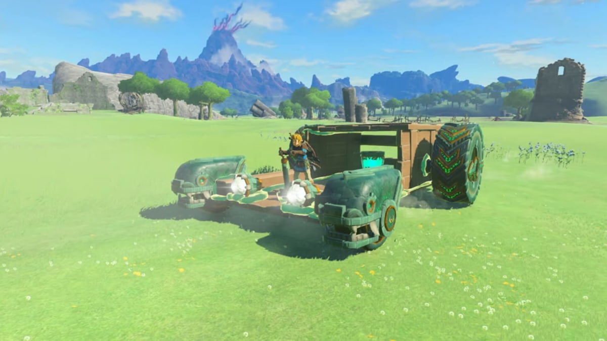 Link driving a homemade contraption in The Legend of Zelda: Tears of the Kingdom, a Nintendo game
