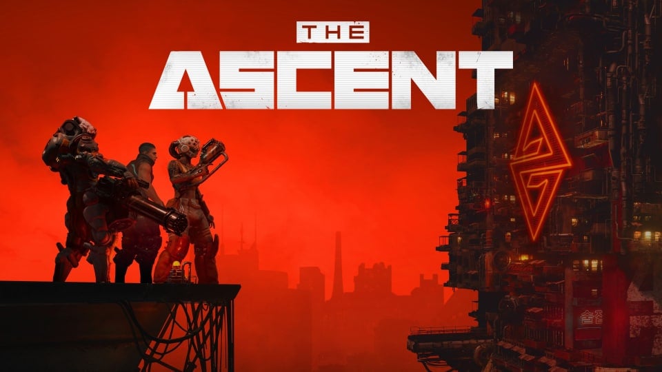 The title of the game on a red background showing several warriors staring at a large corporate tower