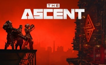 The title of the game on a red background showing several warriors staring at a large corporate tower