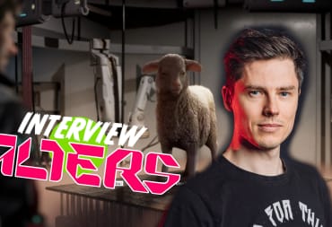 Jan looking at a Sheep in The Alters with Rafał Włosek's headshot from 11Bit studios