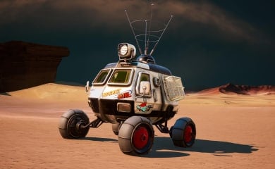 A planetary traversal vehicle adorned with stickers in The Invincible