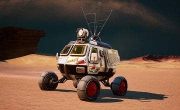 A planetary traversal vehicle adorned with stickers in The Invincible