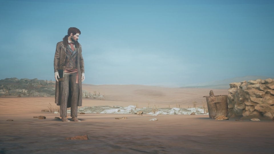 The Thaumaturge screenshot showing a man standing in a desert and staring at a nearby well
