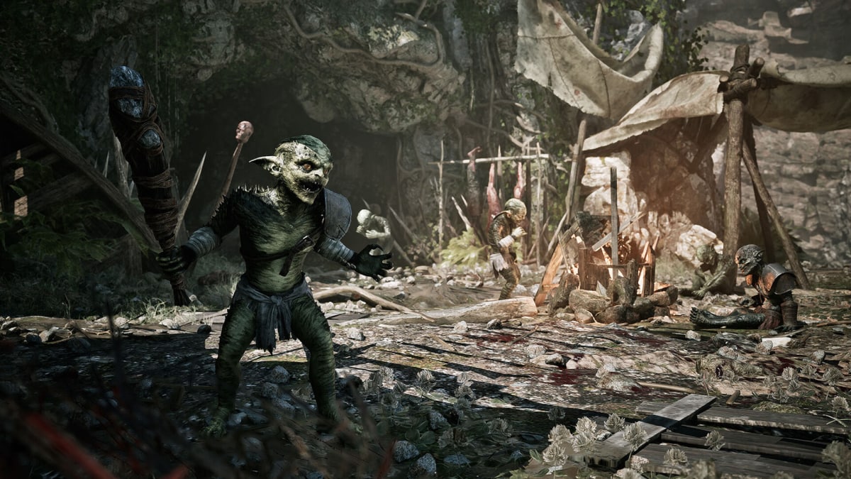 Monsters hanging around a cave in THQ Nordic's upcoming Gothic remake, which doesn't involve Piranha Bytes