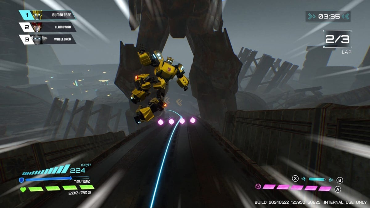 Bumblebee racing along a track in Transformers: Galactic Trials