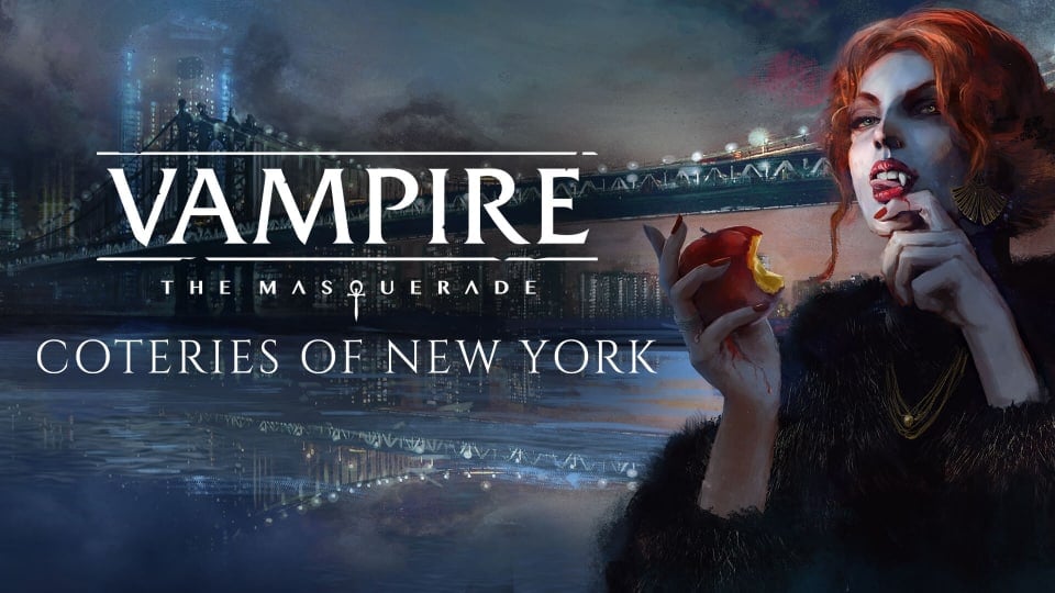 A redheaded vampire with an apple in herh and, blood dripping from her fangs