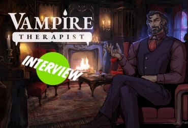 The Vampire Therapist key art with the TechRaptor interview pin on it