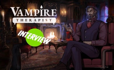 The Vampire Therapist key art with the TechRaptor interview pin on it