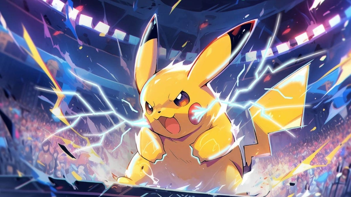 Pikachu using an electric attack in a stadium in Vigen Khatchadoorian's artwork for the Pokemon TCG illustration contest