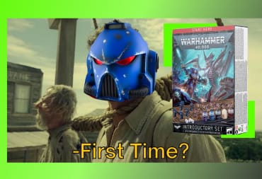An image of the Warhammer 40K Introductory Set Review alongside a classic meme image of 'First Time?' with a space marine's head overlayed over the actor's.