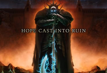 A promo image of Warhammer Age of Sigmar Fourth Edition, showing a Stormcast Eternal in silhouette. The slogan, "Hope Cast Into Ruin" is visible in front.