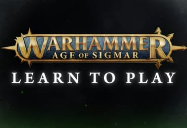 THe logo for Warhammer Age of Sigmar on a black background, the words "learn to play" in white letters is displayed below the logo.