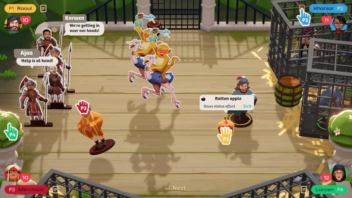 A chaotic tabletop scene involving player characters, monkeys riding birds, and a rotten apple in Worlds of Aria