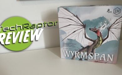 An image of the Box Art for Wyrmspan, featuring the board game box and a button that reads TechRaptor Review.