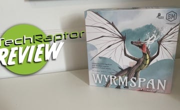 An image of the Box Art for Wyrmspan, featuring the board game box and a button that reads TechRaptor Review.
