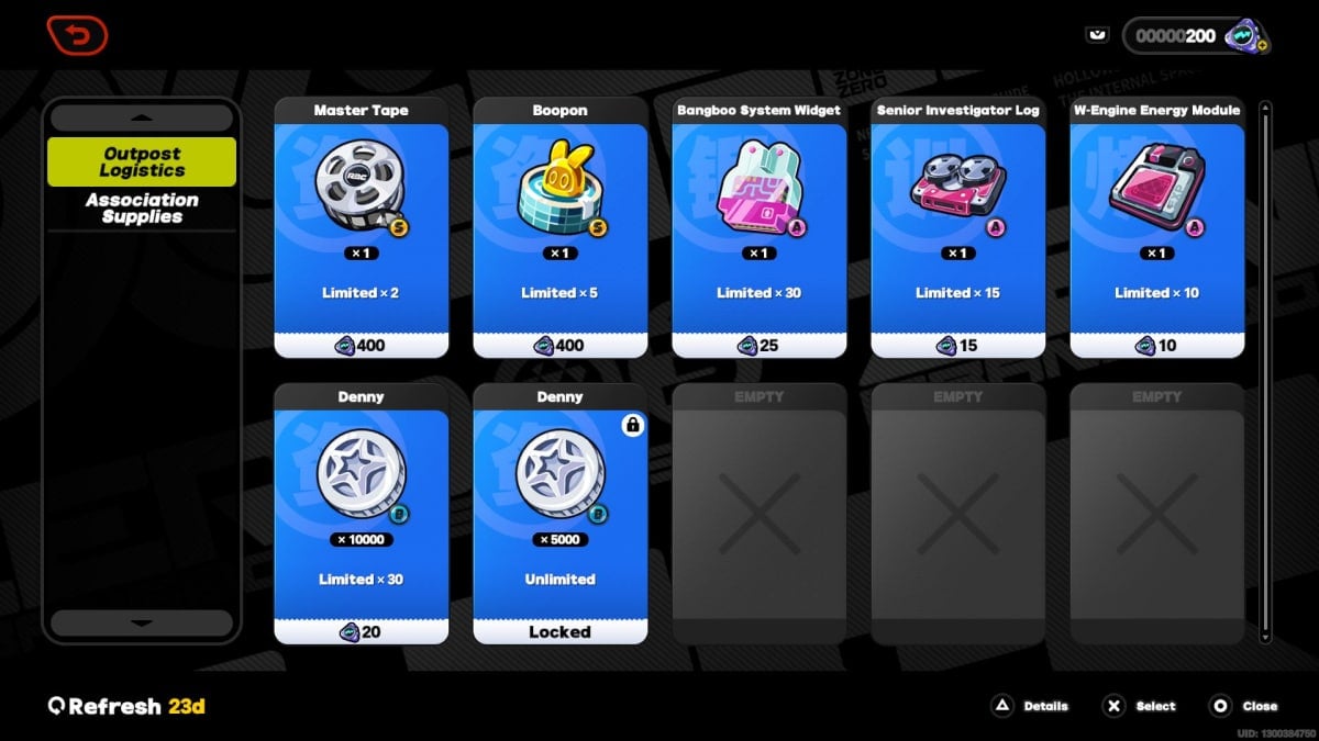 Purchasing items from the Outpost Logistics menu.
